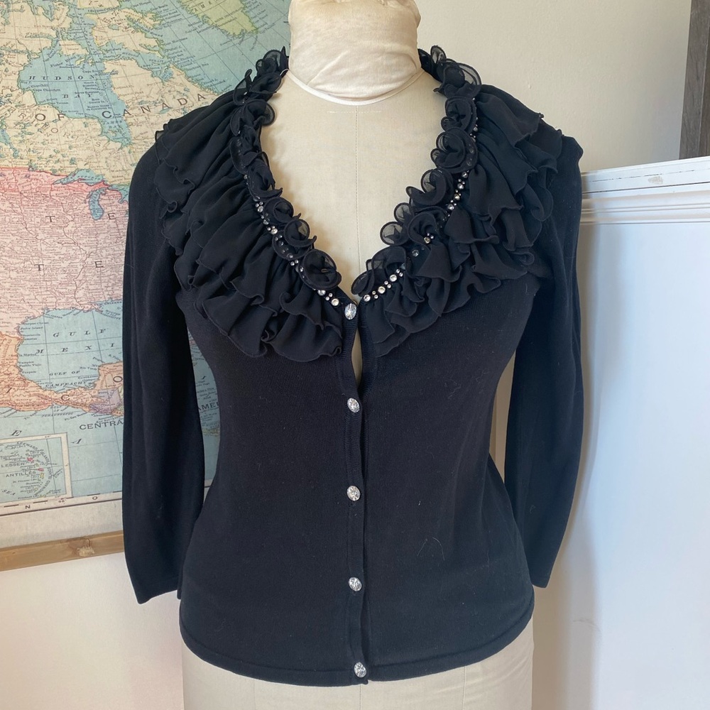Vintage Alberto Makali Black Ruffled Button Down Cardigan